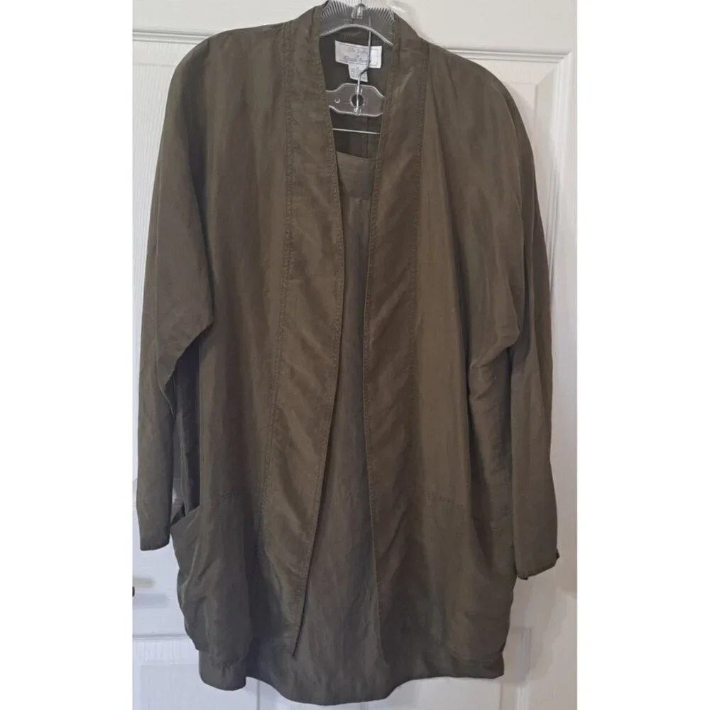 Silk Studio Claude Bennett 12 Olive Skirt Suit Open Jacket 100% Silk